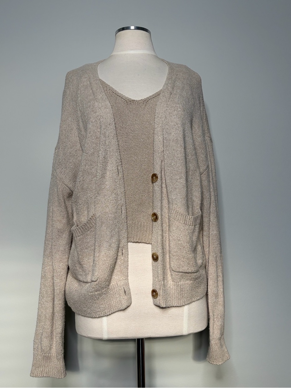 One Grey Day Cardigan and Shell Set, Size Medium, Color Flax/Chickpea